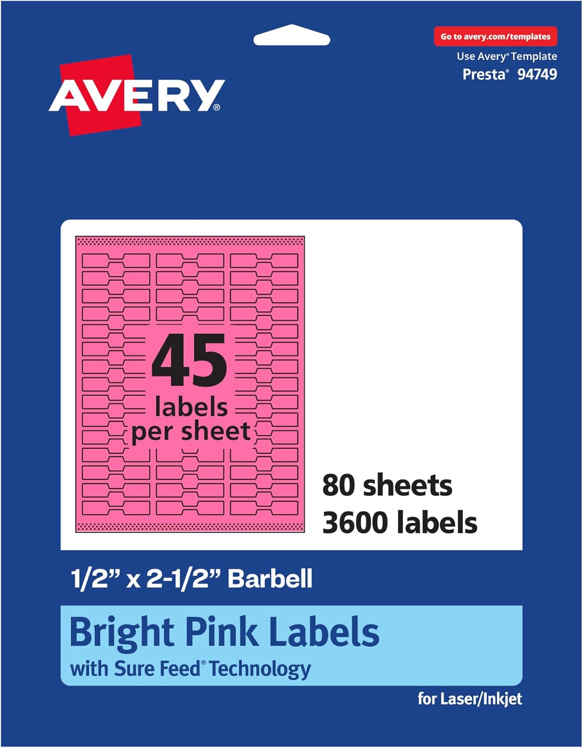 AVERY Printable Barbell Labels, Sure Feed Technology, 1/2" x 2-1/2", Bright Pink