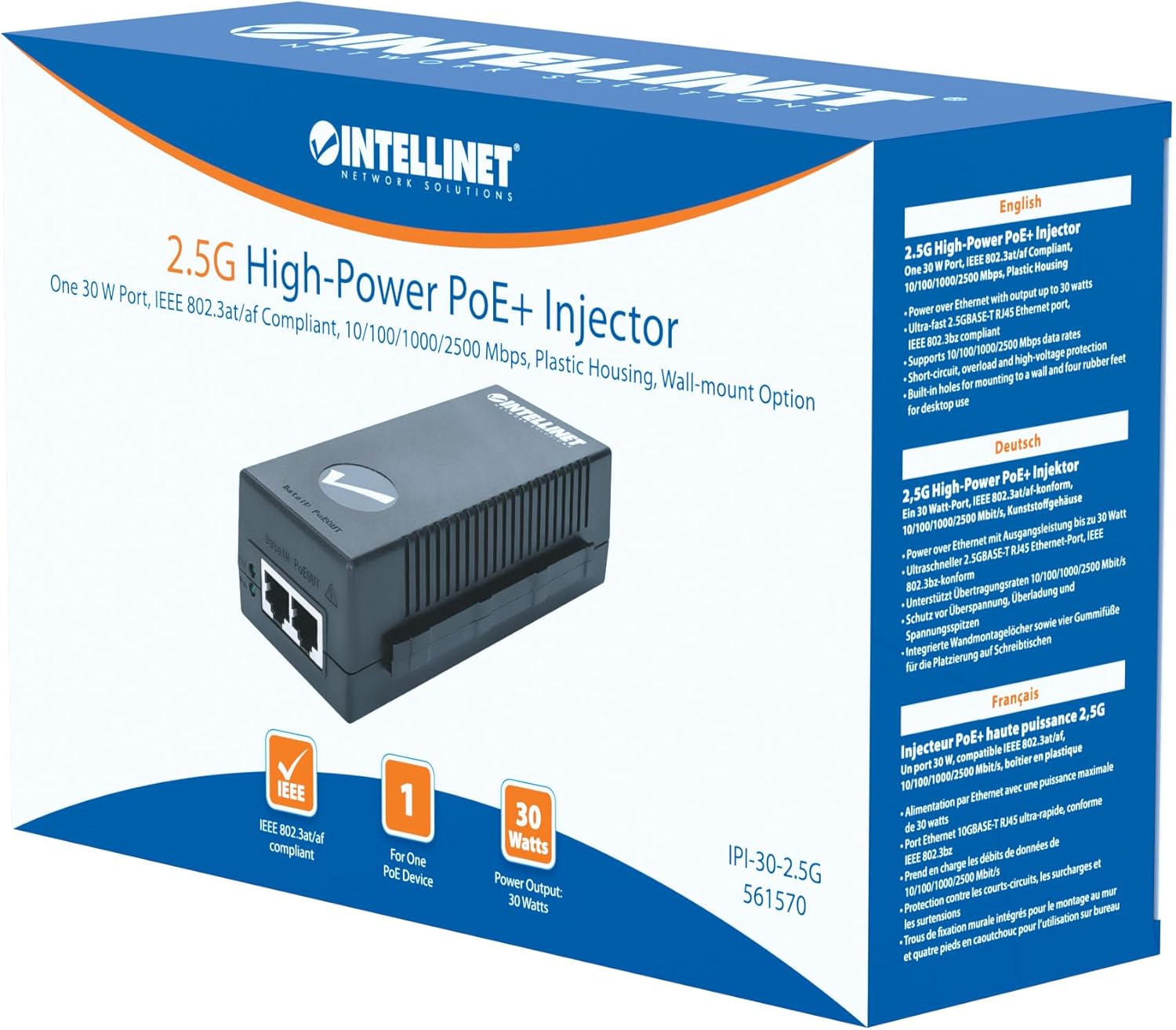 Intellinet 2.5G PoE+ Injector – 2.5Gbps & 30W Power Over Ethernet Output, Supports Distances Up to 328ft
