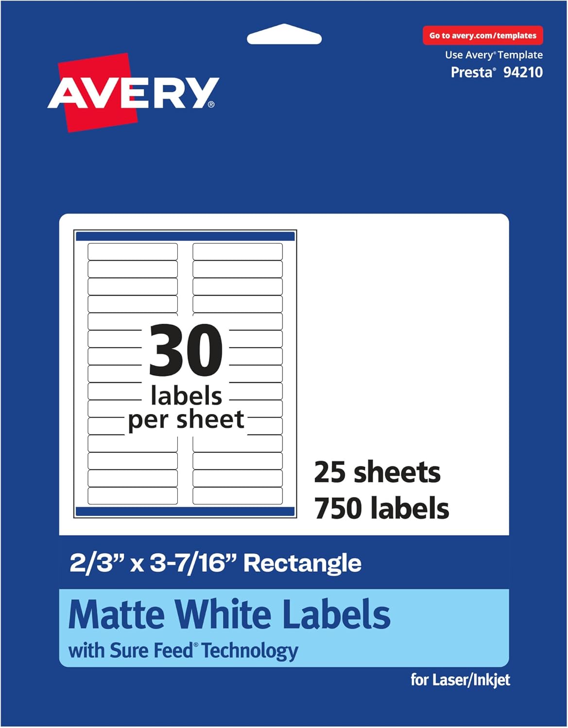 Avery Matte White Rectangle Labels, Sure Feed Technology, 2/3" x 3-7/16"