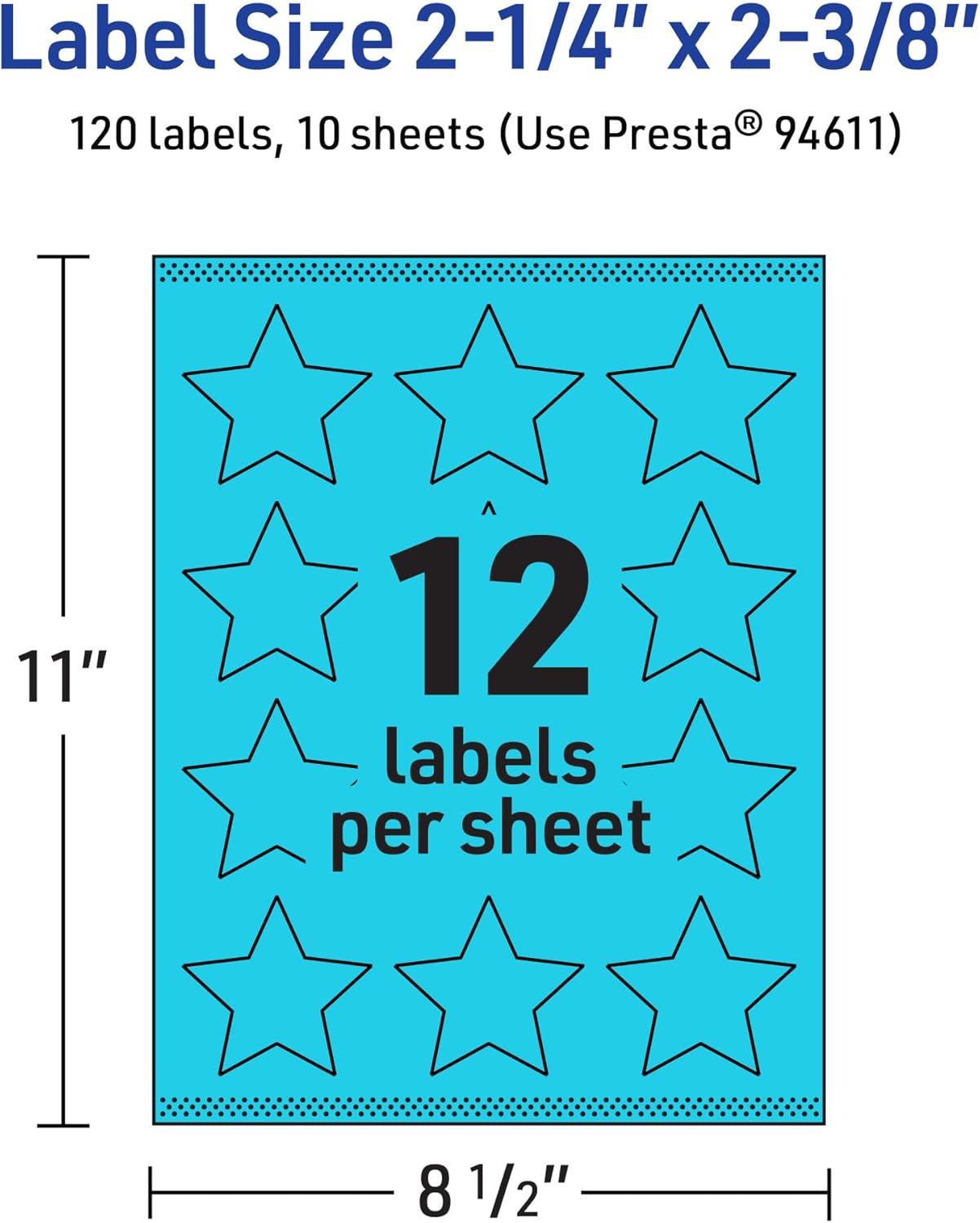 Avery Printable Star Labels, Sure Feed Technology, 2-1/4" x 2-3/8", Bright Blue, Print-to-the-Edge, Laser/Inkjet