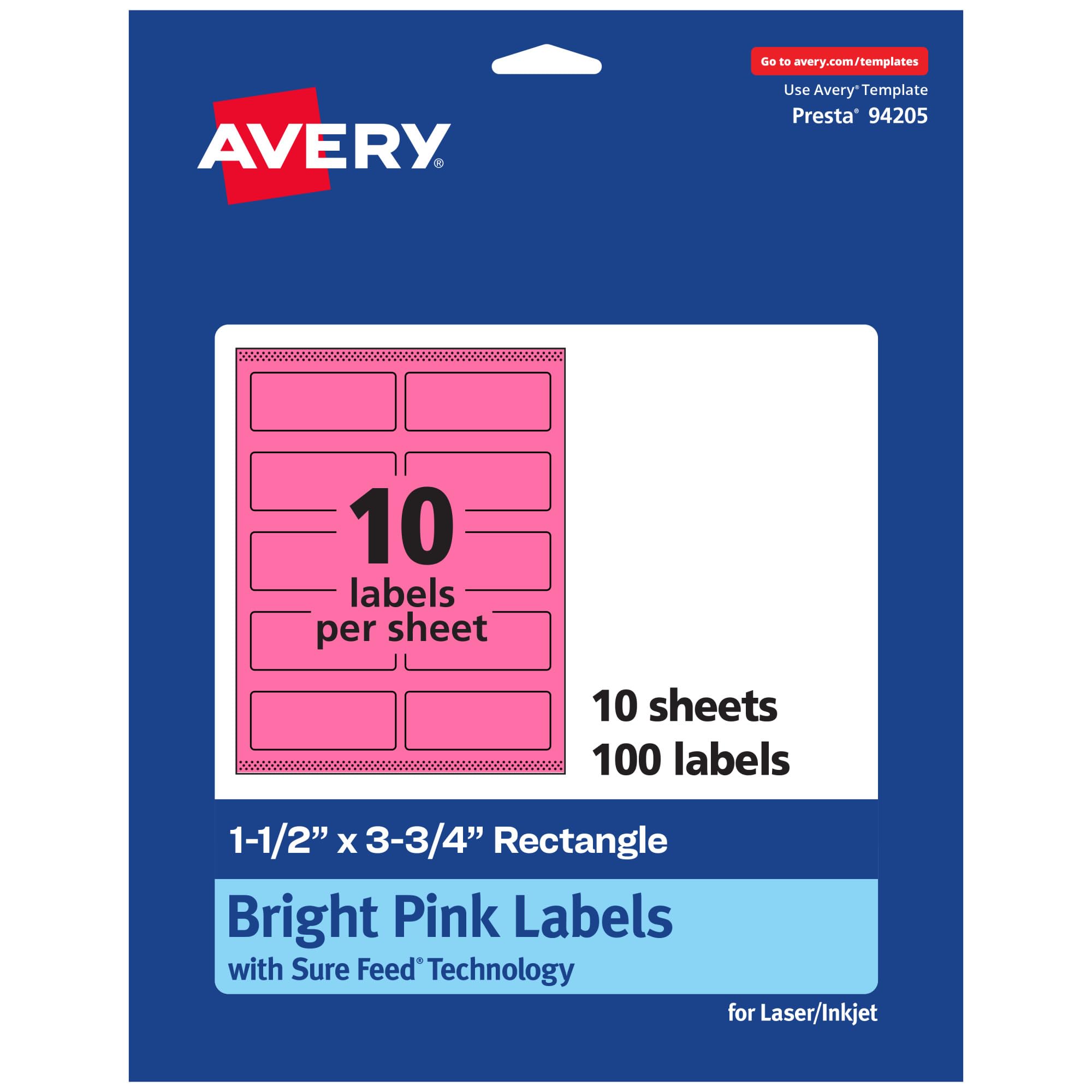 Avery Printable Rectangle Labels, Sure Feed Technology, 1-1/2" x 3-3/4", Bright Pink