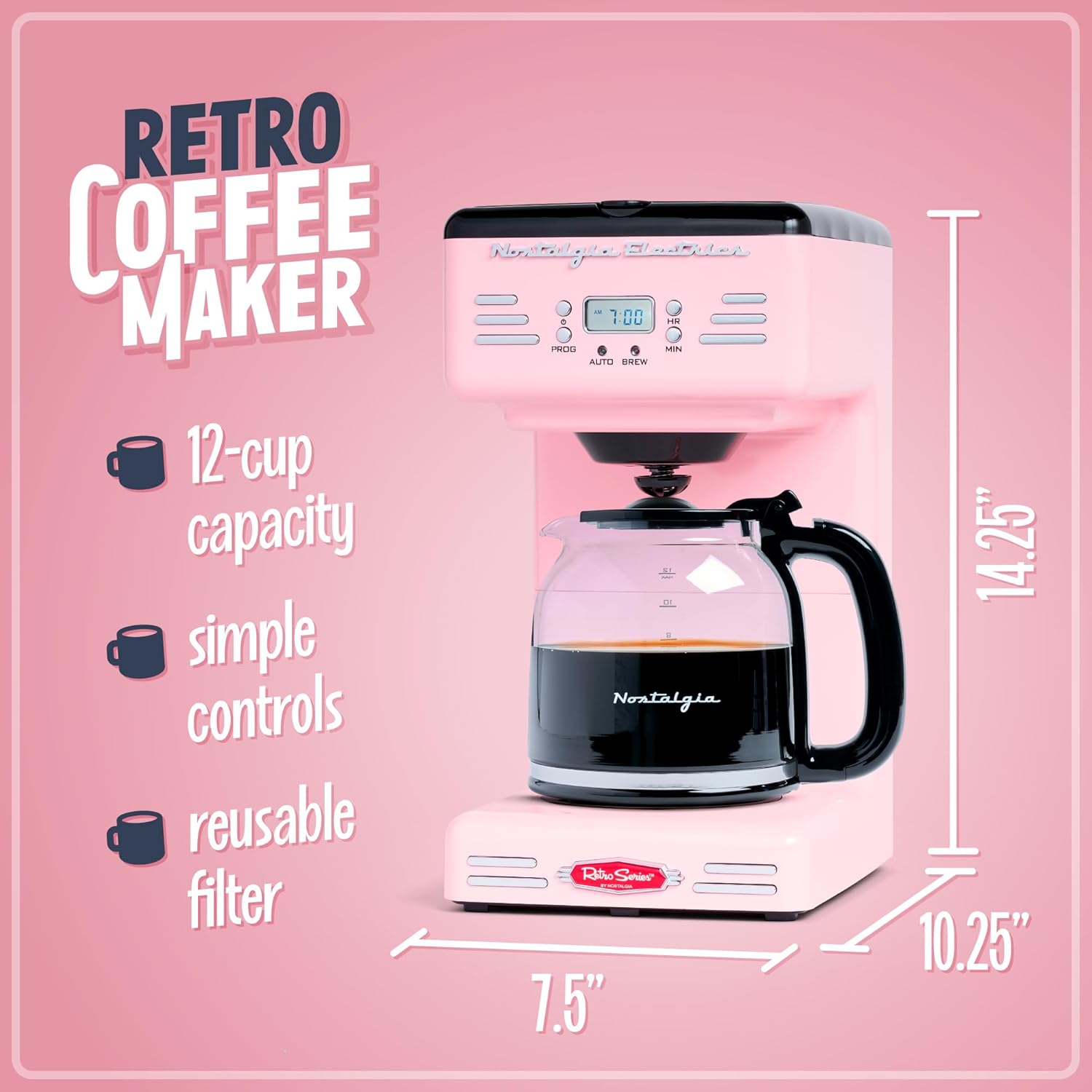 Nostalgia Retro 12-Cup Programmable Coffee Maker With LED Display, Automatic Shut-Off & Keep Warm, Pause-And-Serve Function