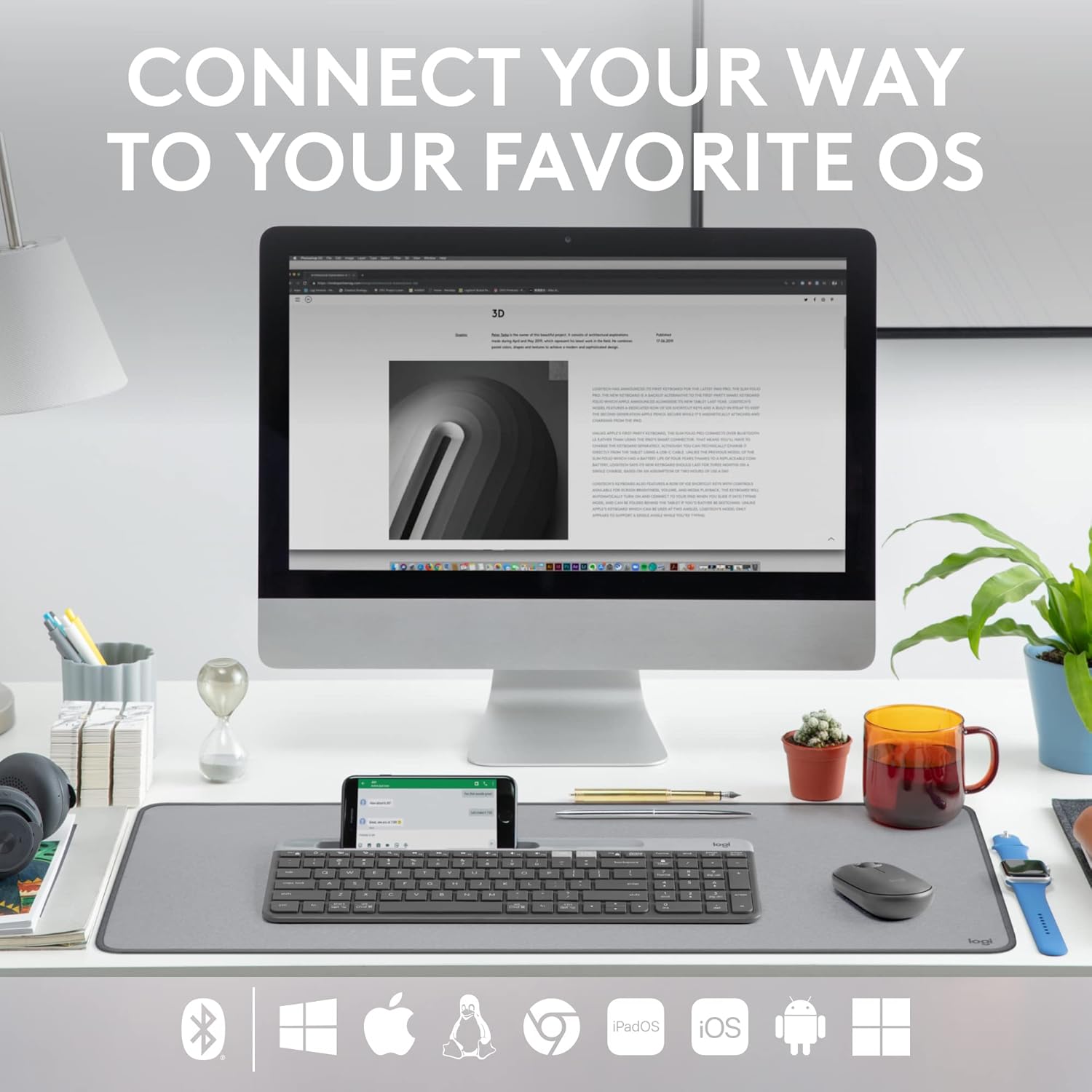Logitech K585 Multi-Device Slim Wireless Keyboard, Built-in Cradle for Device; for Laptop, Tablet, Desktop, Smartphone