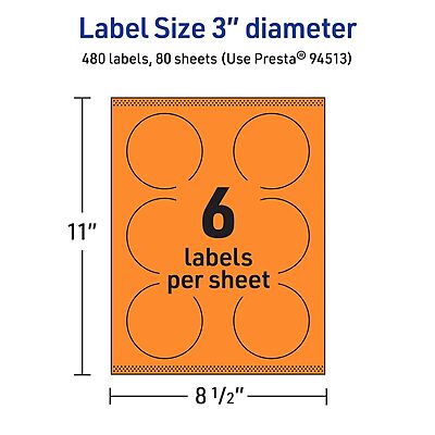 AVERY Printable Round Labels, Sure Feed Technology, 3" Diameter, Bright Orange, Print-to-the-Edge, Laser/Inkjet Printable