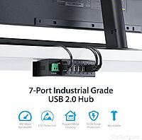 StarTech.com 7-Port USB 2.0 Hub - Metal Industrial USB-A Hub with ESD Protection & 350W Surge Protection - Din Rail