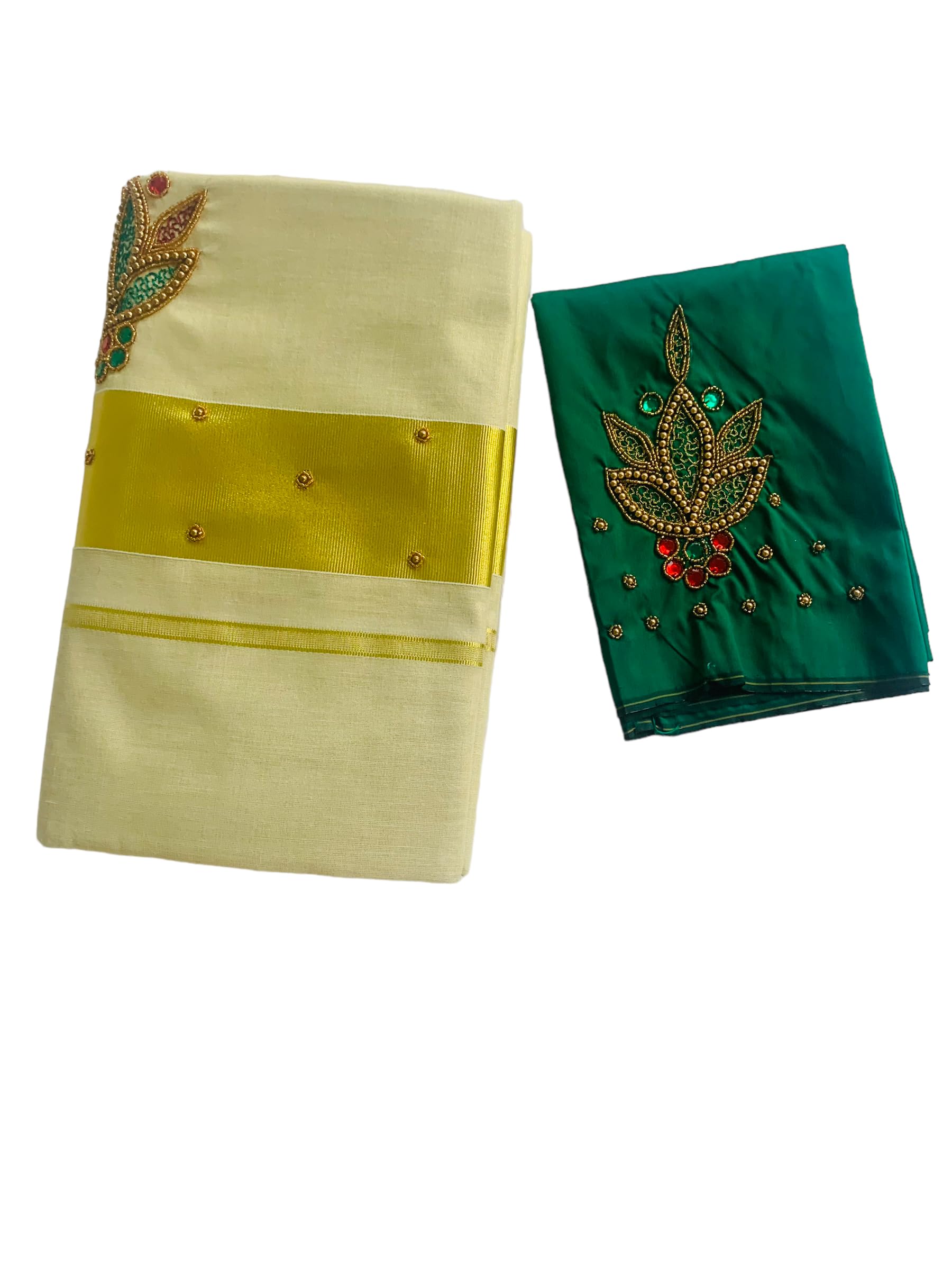 Kuthampully Kerala Kasavu Saree Tissue | Traditional South Indian Saree | Designer Indian Saree | Onam Saree - EKM-810 (Green)