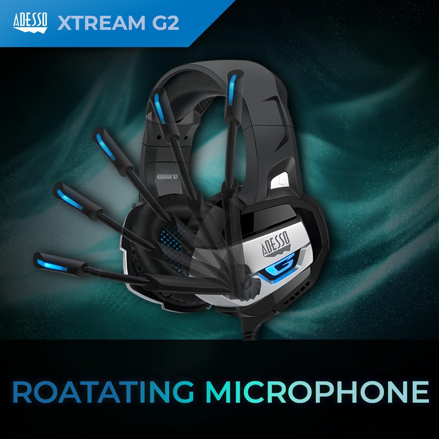 ADESSO Xtream Gaming Headset with 50 mm Drivers, Noise Cancelling Microphone and LED Lighting