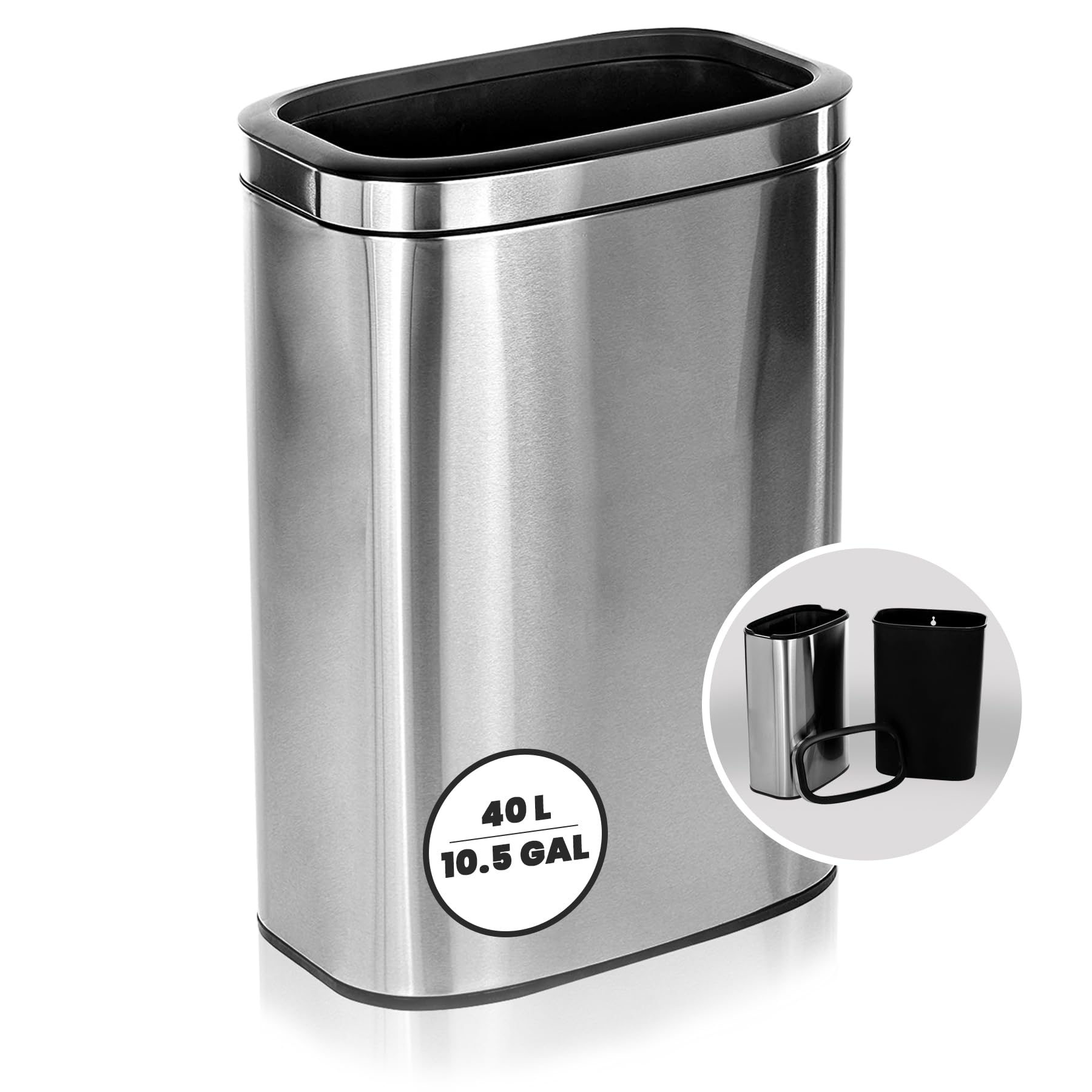 Alpine Stainless Steel Open Top Trash Can 10.5 Gallon - 40L Garbage Can for Kitchen, Bathroom