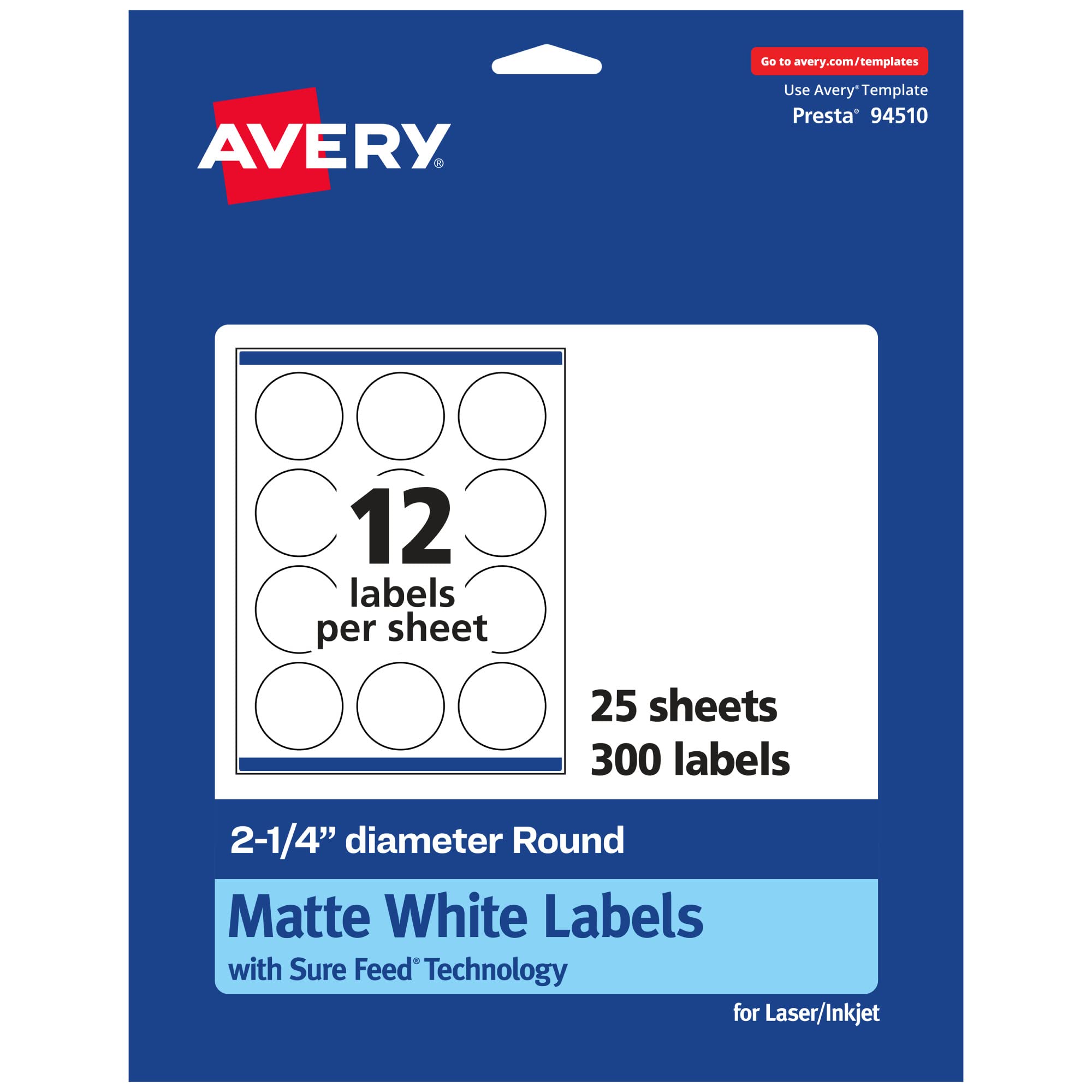 Avery Matte White Round Labels, Sure Feed Technology, 2.25" Diameter