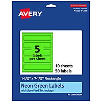 Avery Printable Rectangle Labels, Sure Feed Technology, 1-1/2" x 7-1/2", Neon Green Labels, Print-to-The-Edge