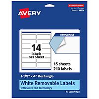 Avery Matte White Removable Rectangle Labels, Sure Feed Technology, 1-1/3" x 4", 210 Removable Labels, Laser/Inkjet Printable 210 labels