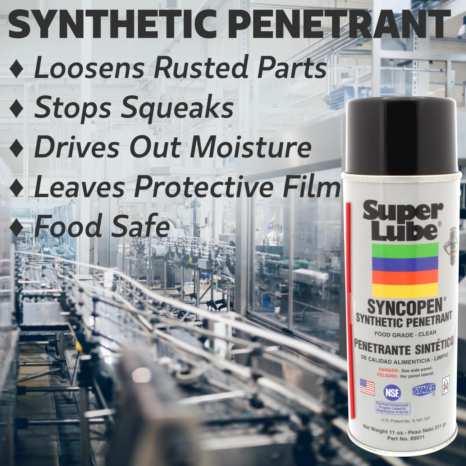 Super Lube Synthetic Penetrant withSyncolon® (Translucent Clear, 11oz Aerosol) | NSF Certified Food Grade & Clean | Loosens