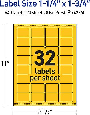 Avery Printable Rectangle Labels, Sure Feed Technology, 1.25" x 1.75", Bright Yellow