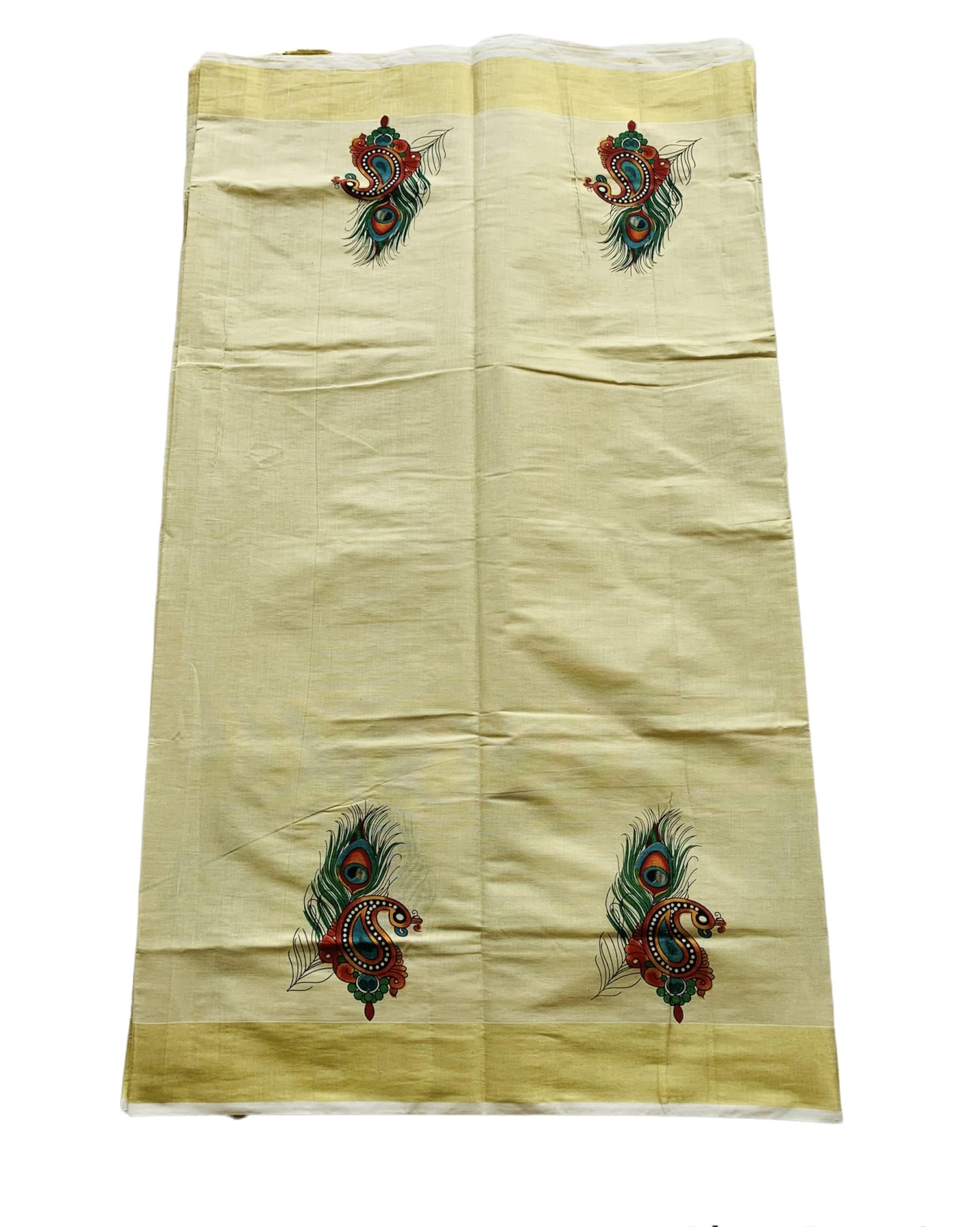 Women's Kuthampully Kerala Kasavu Saree Tissue Mural Painted | Traditional South Indian Saree | Kerala Saree - Multi Color EKM-637