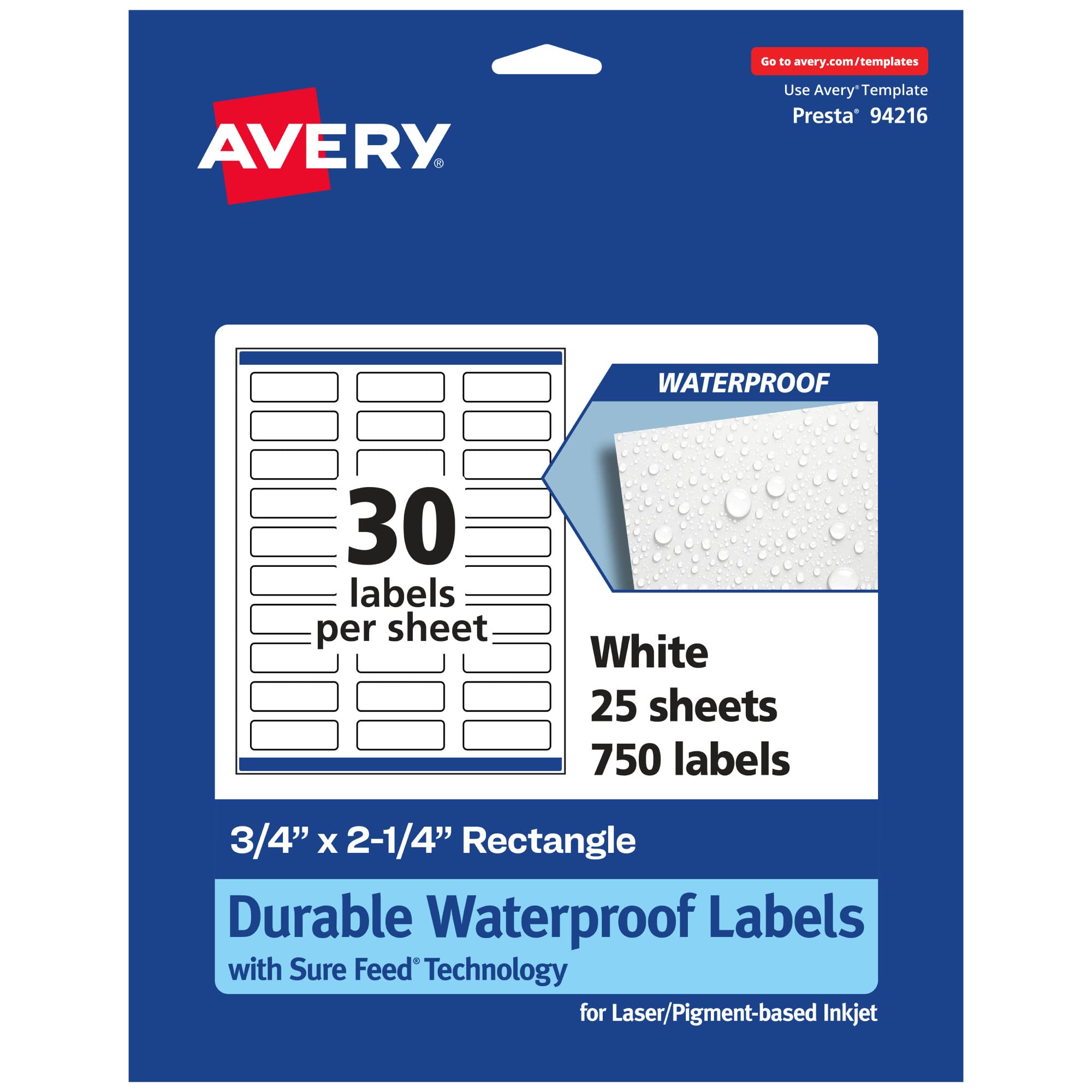Avery Durable Waterproof Rectangle Labels, Sure Feed Technology, 0.75" x 2.25"