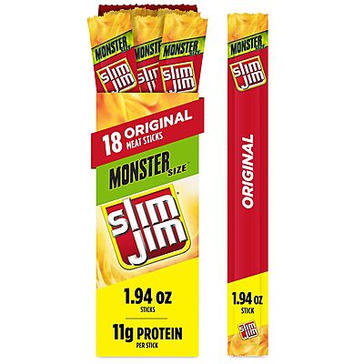 Slim Jim Monster Smoked Meat Sticks, Original Flavor, High Protein, Camping Snack, 1.94 oz. (18 Count) Original 34.92 Ounce (Pack of 1)