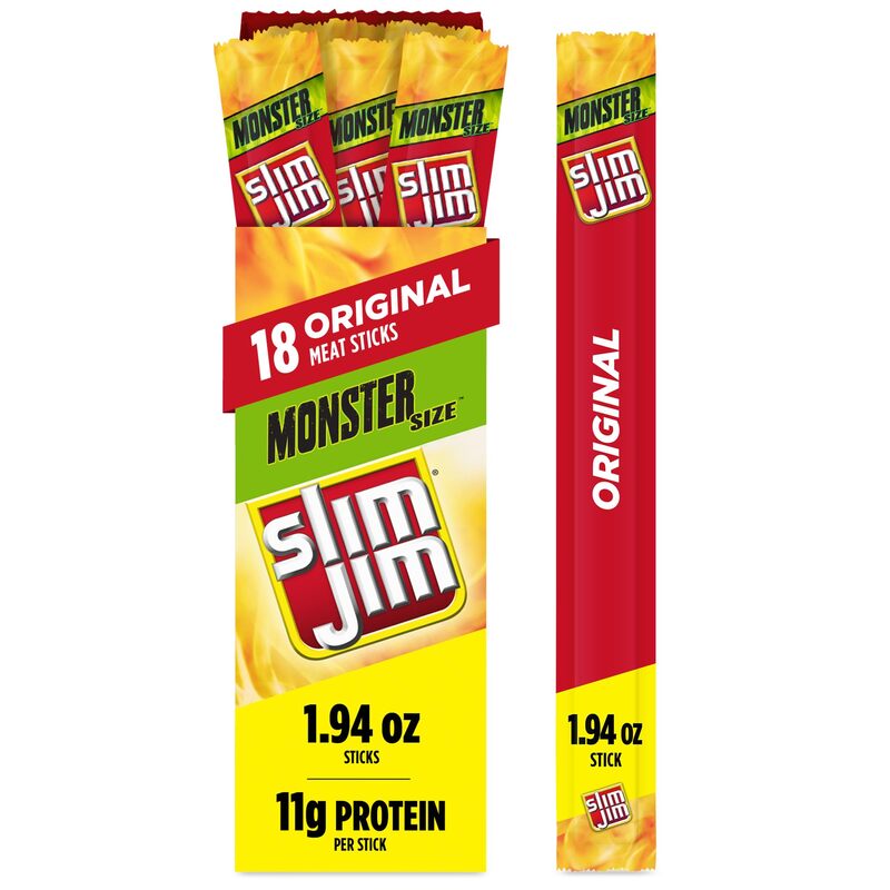 Slim Jim Monster Smoked Meat Sticks, Original Flavor, High Protein, Camping Snack, 1.94 oz. (18 Count) Original 34.92 Ounce (Pack of 1)