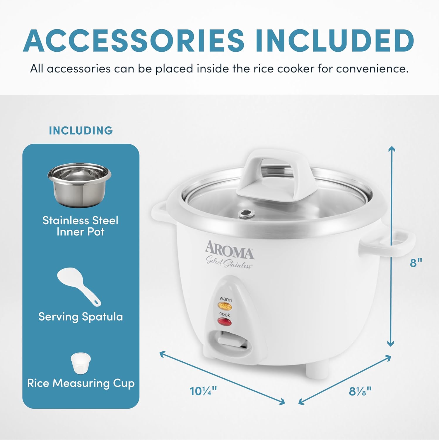 AROMA® Select Stainless® Rice Cooker, 3-Cup (Uncooked) / 6-Cup (Cooked), Stainless Steel Inner Pot, Small Rice Cooker