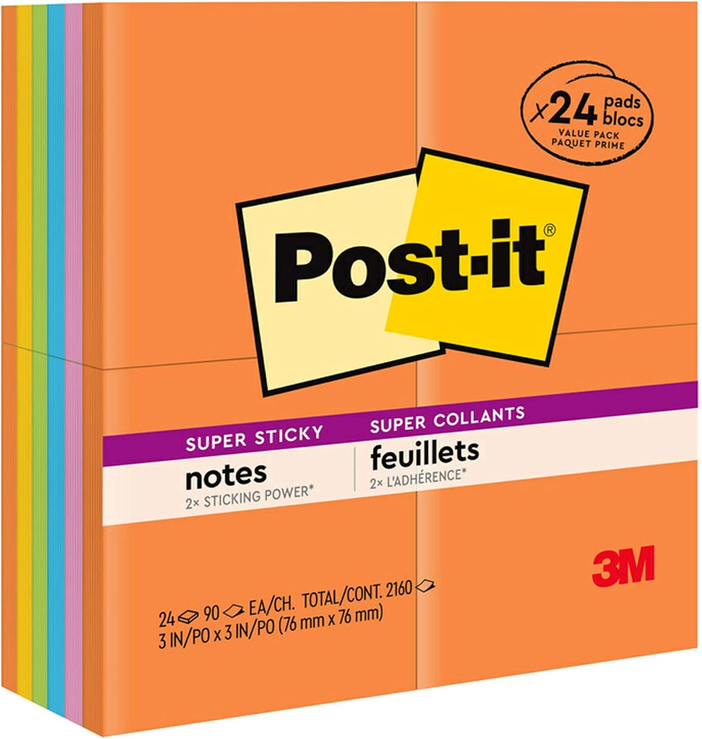 Post-it Super Sticky Notes, 24 Sticky Note Pads, 3 x 3 in., School Supplies for Students, Ideal for Textbooks, Notebooks