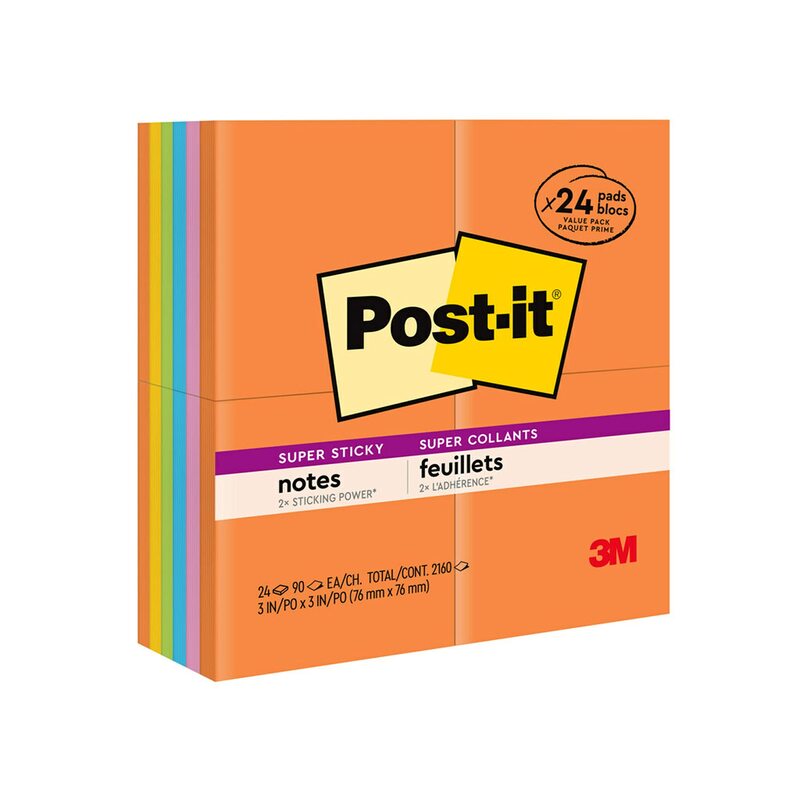 Post-it Super Sticky Notes, 24 Sticky Note Pads, 3 x 3 in., School Supplies for Students, Ideal for Textbooks, Notebooks