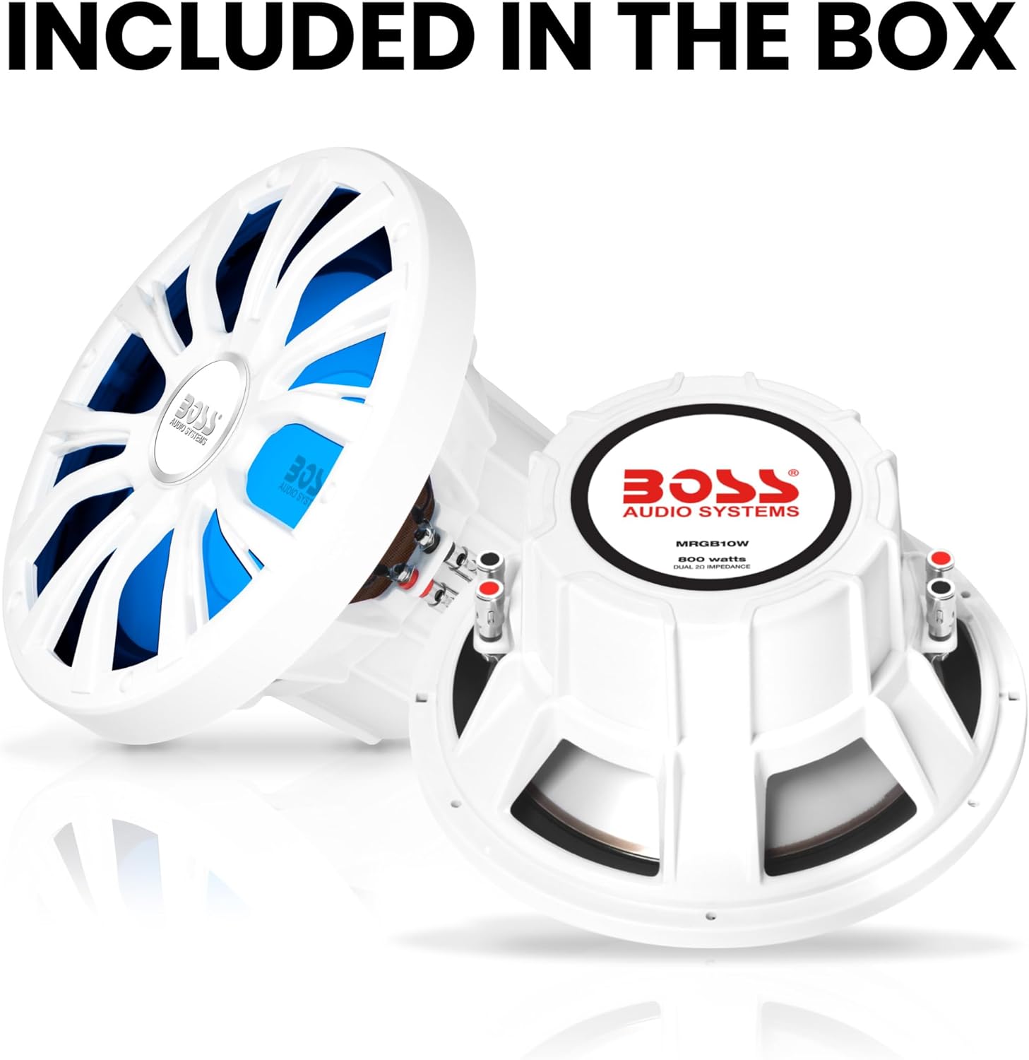 BOSS Audio Systems MRGB10W 10 Inch Boat Subwoofer - 800 Watts Max, Dual 2 Ohm Voice Coil, Multicolor Illumination