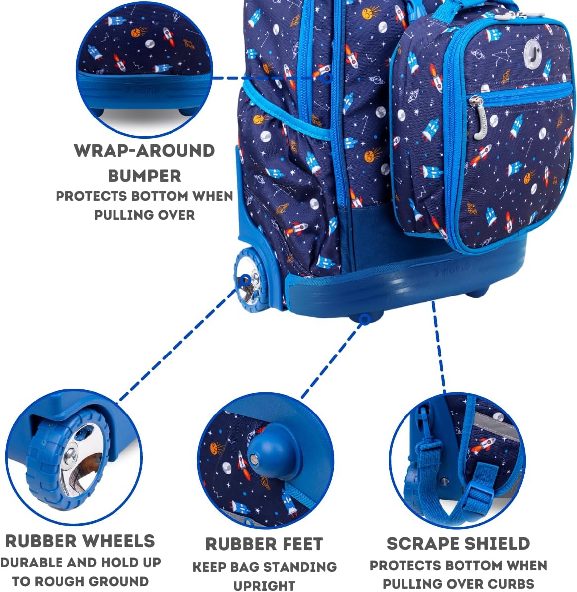 J World New York Unisex Kid's Duo Rolling Backpack with Lunch Box Set, Spaceship, One Size One Size Spaceship