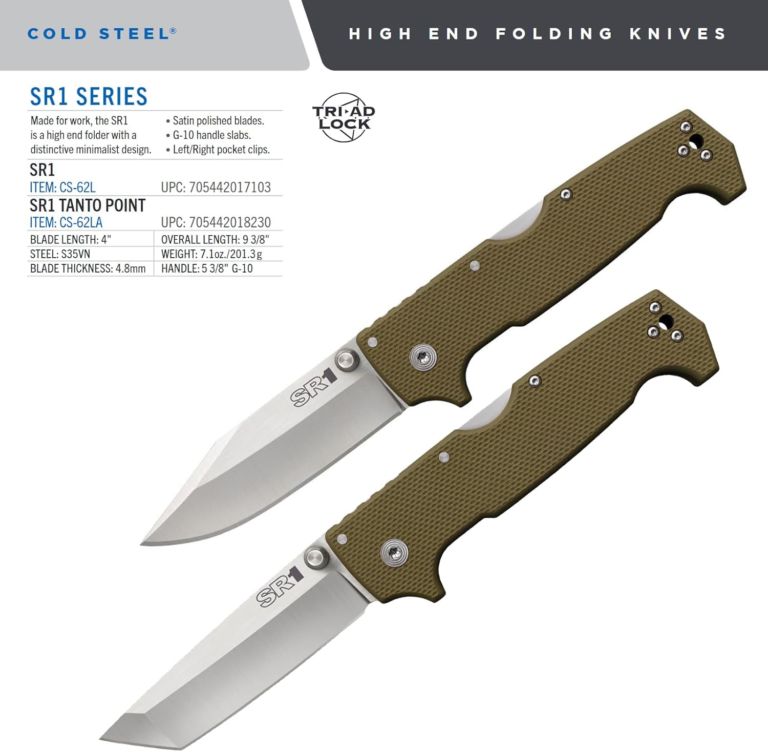 COLD STEEL SR1 Folding Knife with CPM-S35VN Steel and G-10 Handle