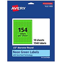 Avery Printable Round Labels, Sure Feed Technology, 1/2" Diameter, Neon Green Labels, Print-to-The-Edge, Laser/Inkjet, 1