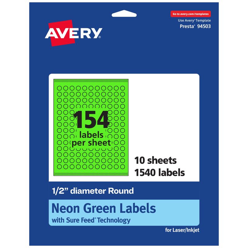 Avery Printable Round Labels, Sure Feed Technology, 1/2" Diameter, Neon Green Labels, Print-to-The-Edge, Laser/Inkjet, 1
