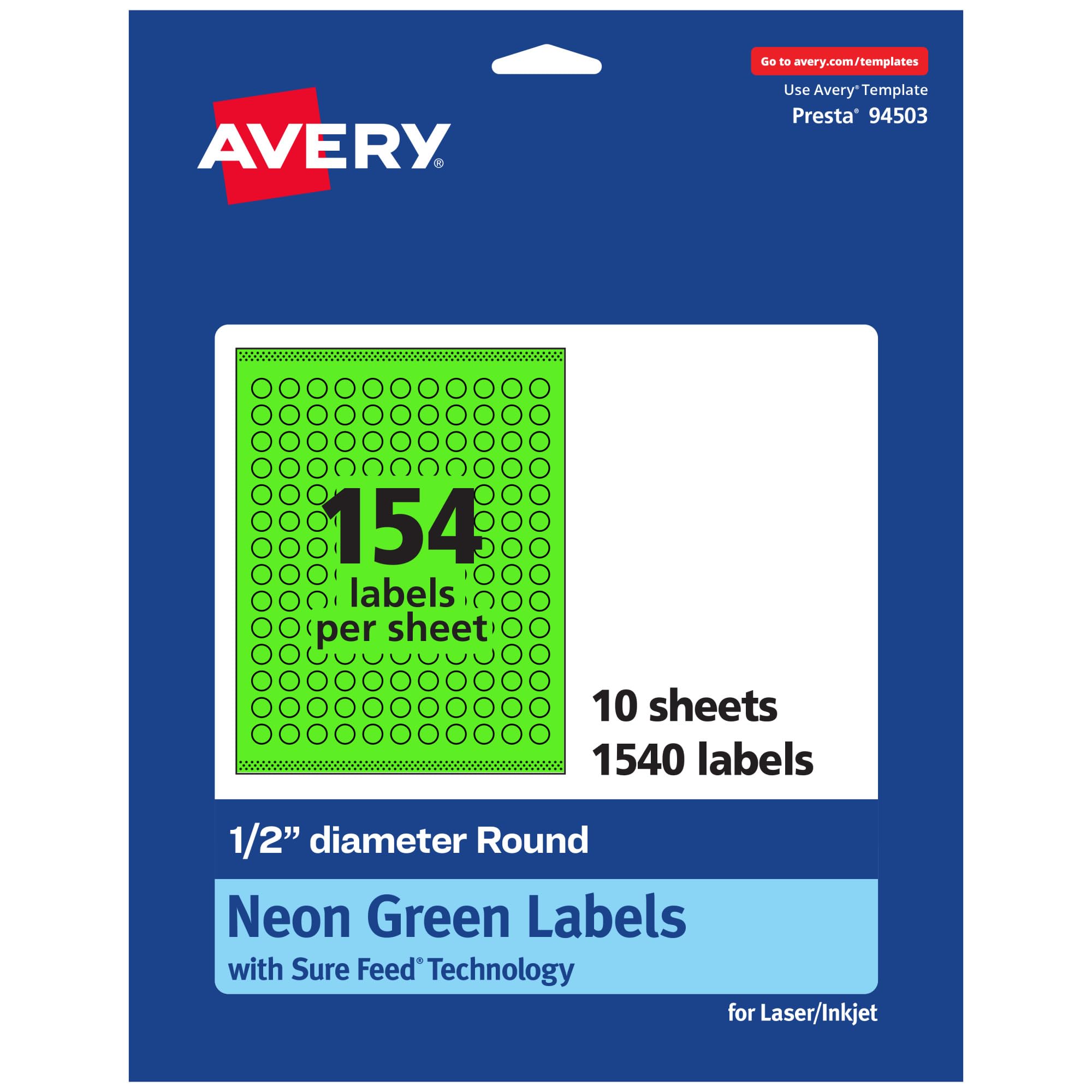 Avery Printable Round Labels, Sure Feed Technology, 1/2" Diameter, Neon Green Labels, Print-to-The-Edge, Laser/Inkjet, 1