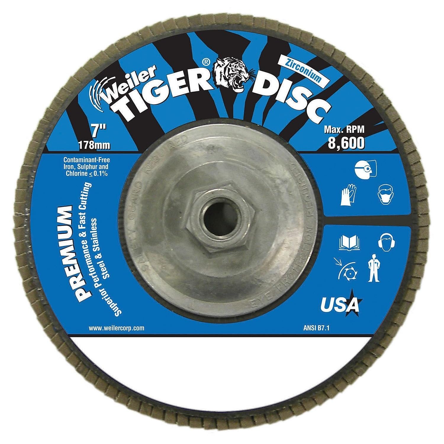 Weiler 50542 7" Tiger Disc Abrasive Flap Disc, Conical (TY29), Aluminum Backing, 36Z, 5/8"-11 UNC NUT