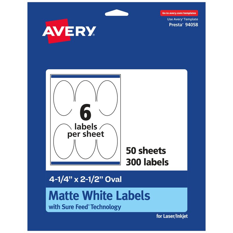 Avery Matte White Oval Printable Labels, Sure Feed Technology, 4.25 x 2.5, Permanent Adhesive