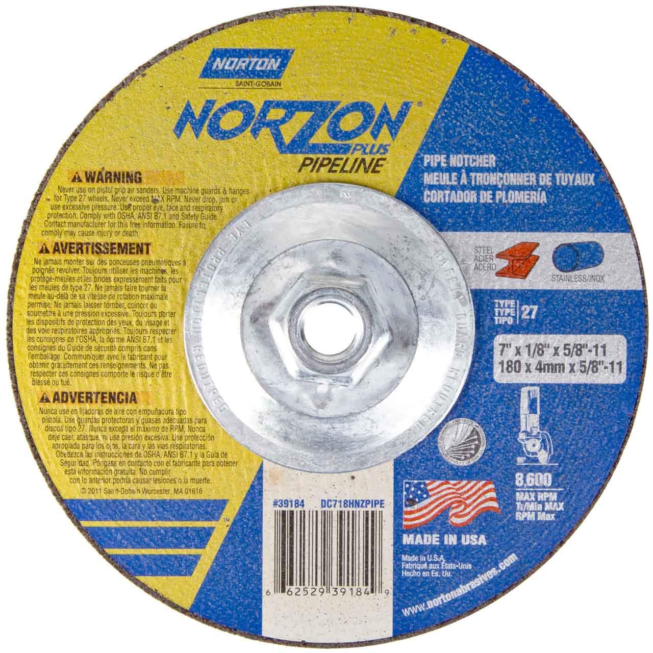 Norton 66252939184 7x1/8x5/8-11 in. NorZon Plus Pipeline SGZ CA Right Angle Cut-Off Wheels, Type 27/42, 30 Grit, 10 Pack