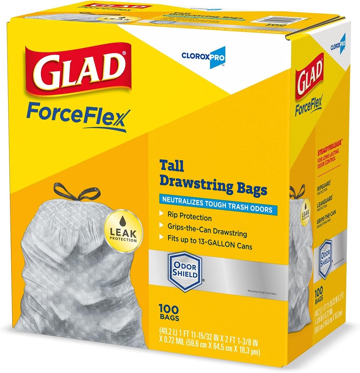Glad Trash Bags, ForceFlex Tall Kitchen Drawstring Garbage Bags, Clorox 13 Gallon Trash Bags for Tall Trash Can