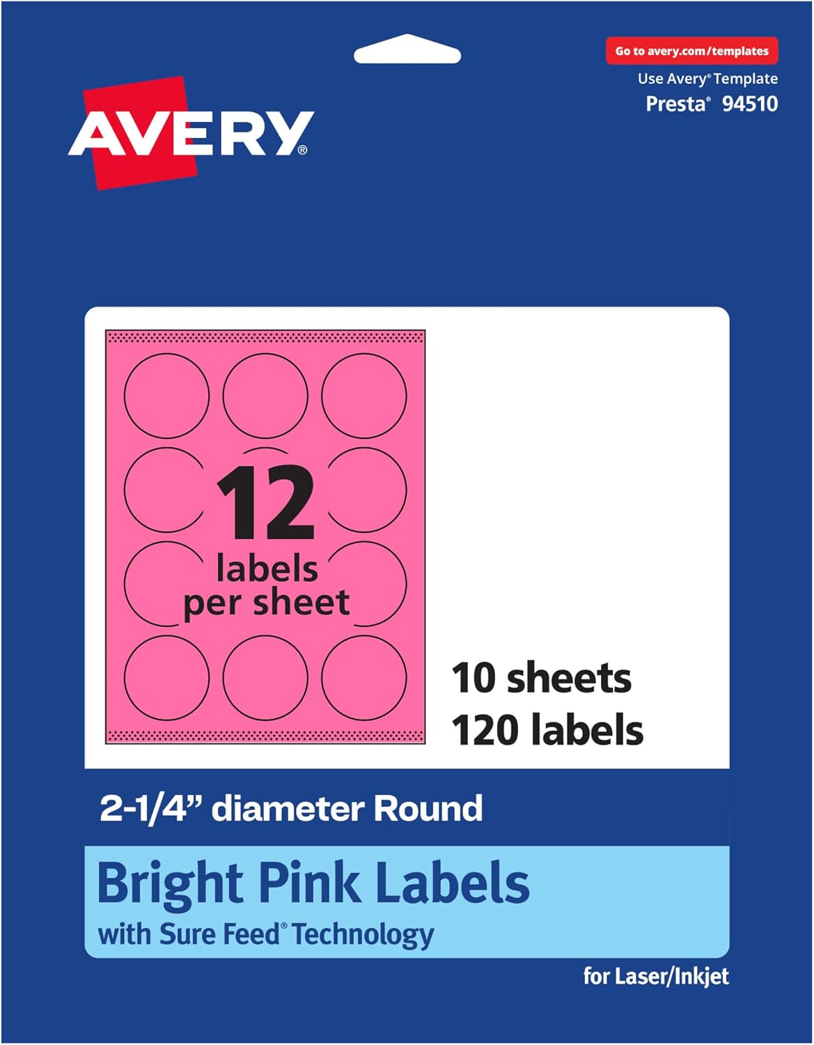 AVERY Printable Round Labels, Sure Feed Technology, 2-1/4" Diameter, Bright Pink, Print-to-the-Edge, Laser/Inkjet Printable