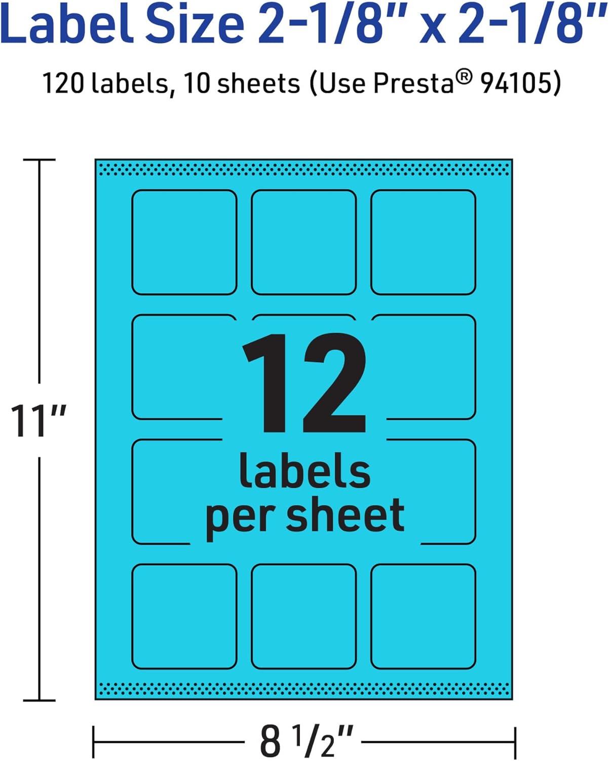 Avery Printable Square Labels, Sure Feed Technology, 2-1/8" x 2-1/8", Bright Blue, Print-to-The-Edge, Laser/Inkjet Printable