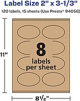 Avery Kraft Brown Oval Labels, Sure Feed Technology, 2" x 3-1/3", 120 Kraft Brown Labels, Print-to-The-Edge, Laser/Inkjet Printable 120 labels