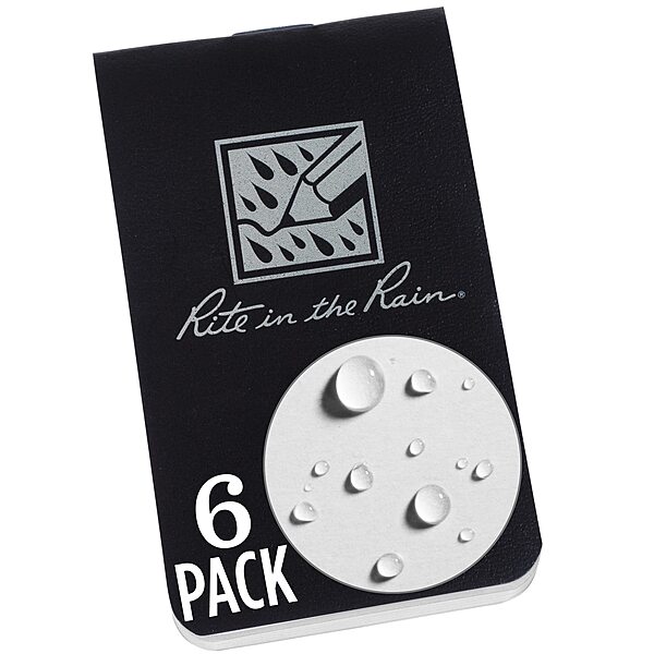 Rite in the Rain Weatherproof On The Go Wallet Notebook, 2" x 3.375", Black Cover, Blank Pages, 6 Pack (No. OTG771L)