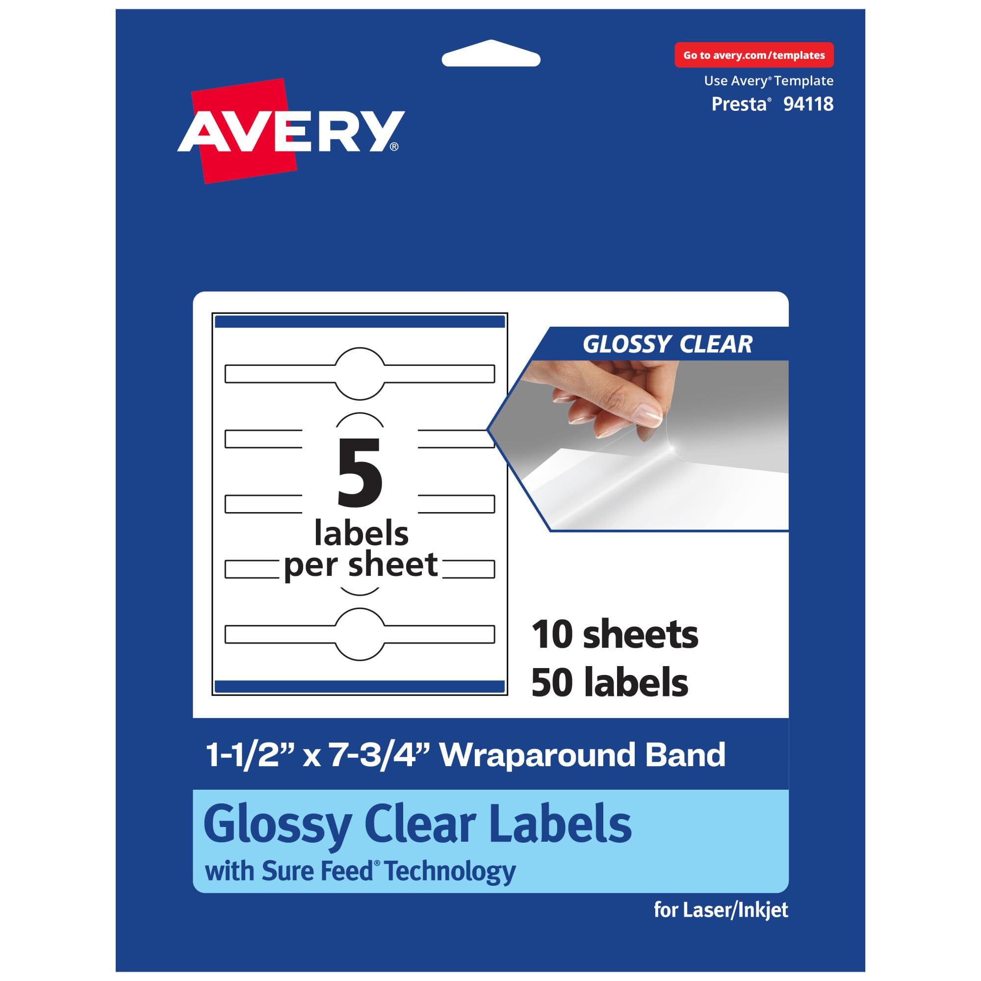 AVERY Glossy Clear Wraparound Band Labels, Sure Feed Technology, 1.5" x 7.75", Cigar Band Labels, Print-to-The-Edge
