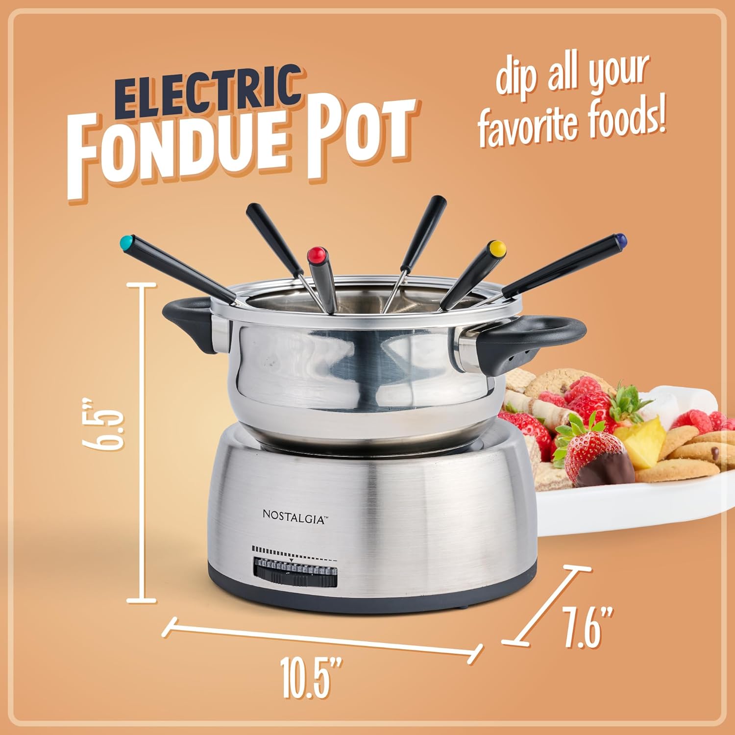Nostalgia 6-Cup Electric Fondue Pot Set for Cheese & Chocolate - 6 Color-Coded Forks
