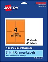 Avery Printable Rectangle Labels, Sure Feed Technology, 4-3/4" x 3-3/4", Bright Orange Labels, Print-to-The-Edge, Laser/Inkjet Printable, 40 Total, Great for Shipping and Packaging 40 labels