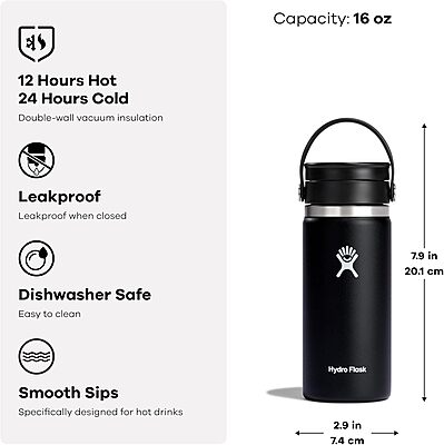 HYDRO FLASK Flex Sip Coffee Tumbler – Insulated Stainless Steel Leakproof Travel Bottle
