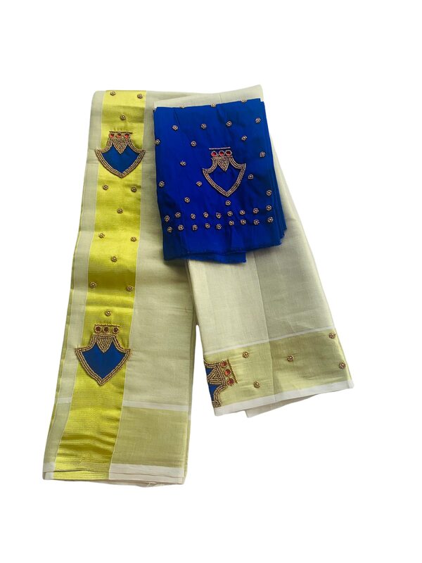 Kuthampully Kerala Kasavu Set Mundu For Women | Handcrafted Aari work Kerala Set Mundu | Tissue Onam Set Mundu With Blouse | Women's Zari Kasavu | EKM-600 (Blue)