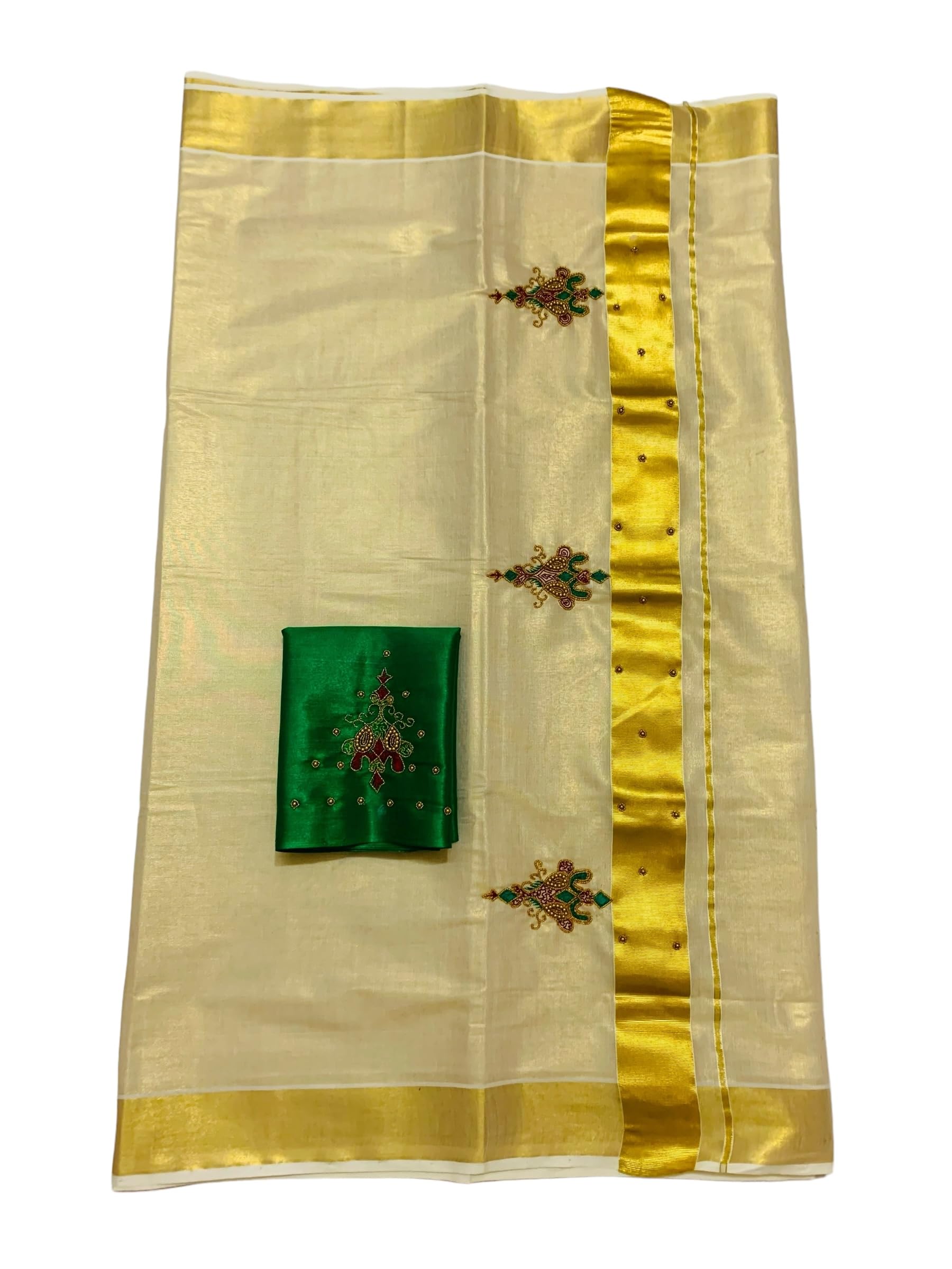 Kuthampully Kerala Kasavu Saree Tissue | Traditional South Indian Designer Indian Saree | Onam Saree | Kerala Saree - EKM-834 (Green)