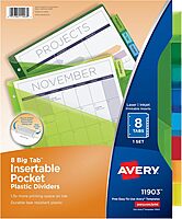 Avery Dividers for 3 Ring Binders, 8 Tab Plastic Binder Dividers, Pockets, Insertable Big Tabs, Multicolor, Extend Beyond Sheet Protectors, 1 Set (11903) Dividers 1 Set
