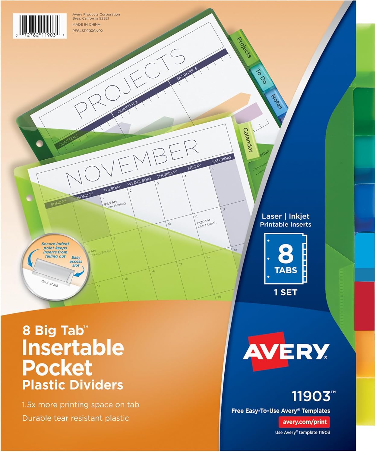 Avery Dividers for 3 Ring Binders, 8 Tab Plastic Binder Dividers, Pockets, Insertable Big Tabs, Multicolor