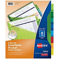 Avery Dividers for 3 Ring Binders, 8 Tab Plastic Binder Dividers, Pockets, Insertable Big Tabs, Multicolor, Extend Beyond Sheet Protectors, 1 Set (11903) Dividers 1 Set