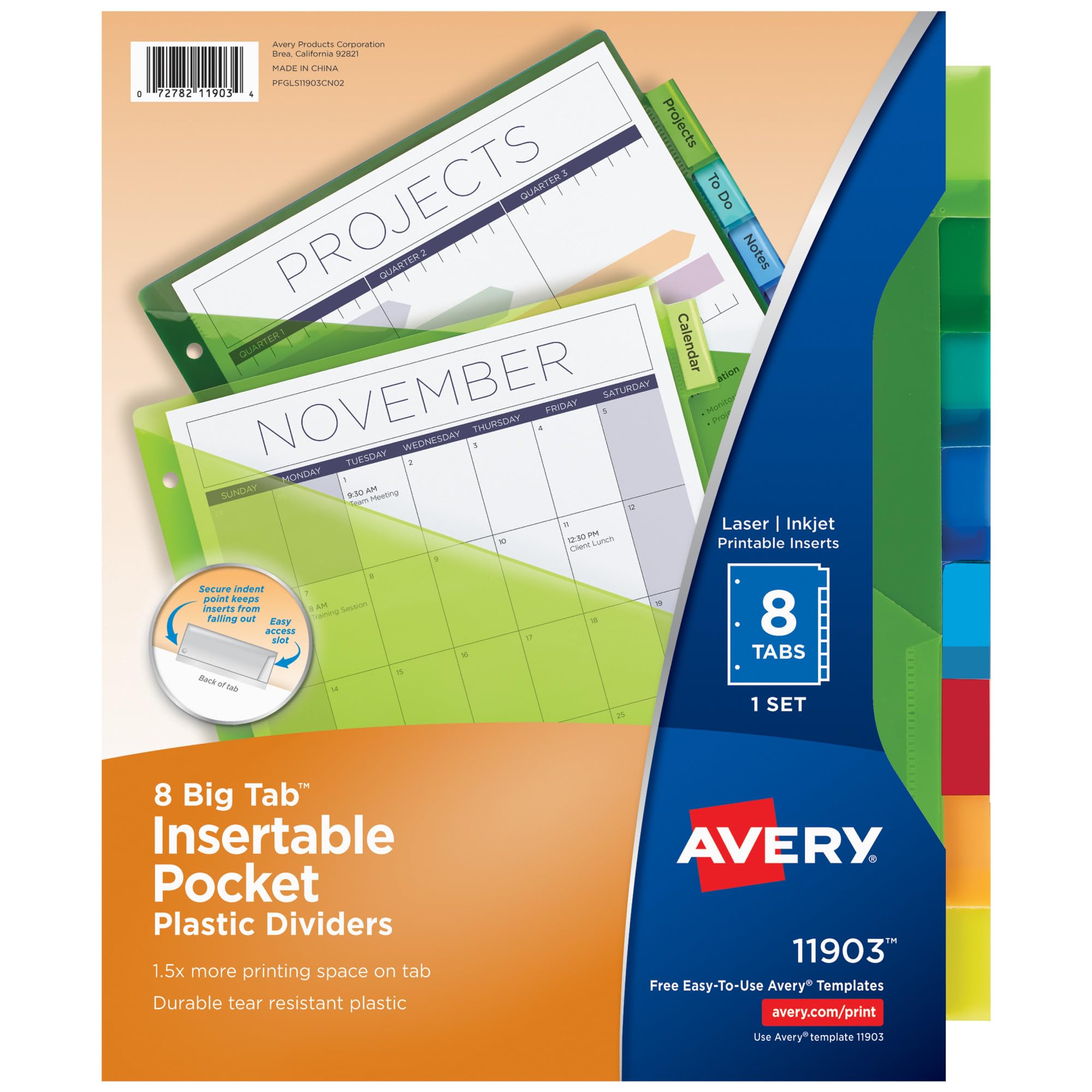 Avery Dividers for 3 Ring Binders, 8 Tab Plastic Binder Dividers, Pockets, Insertable Big Tabs, Multicolor