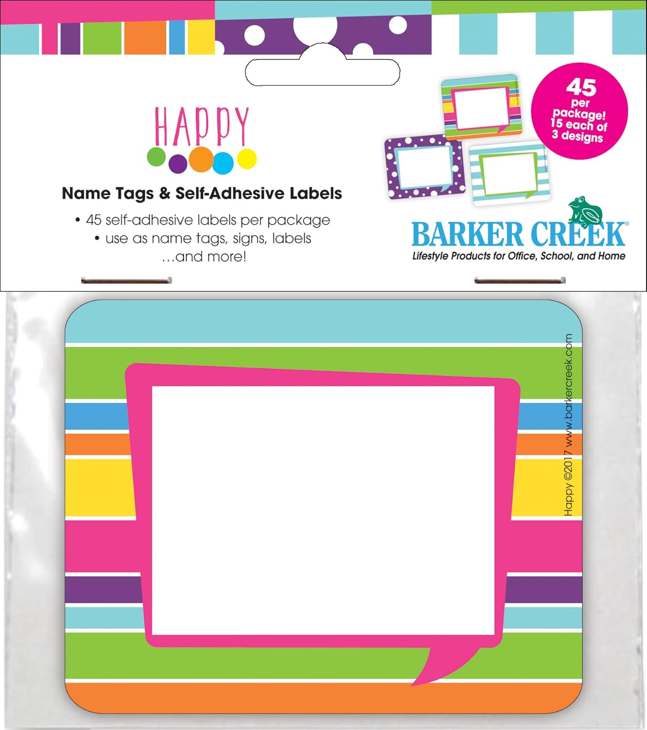 Barker Creek Name Badges & Self-Adhesive Labels, Happy, Multi-Design, Multi-Purpose Name Tags, Gift Tags