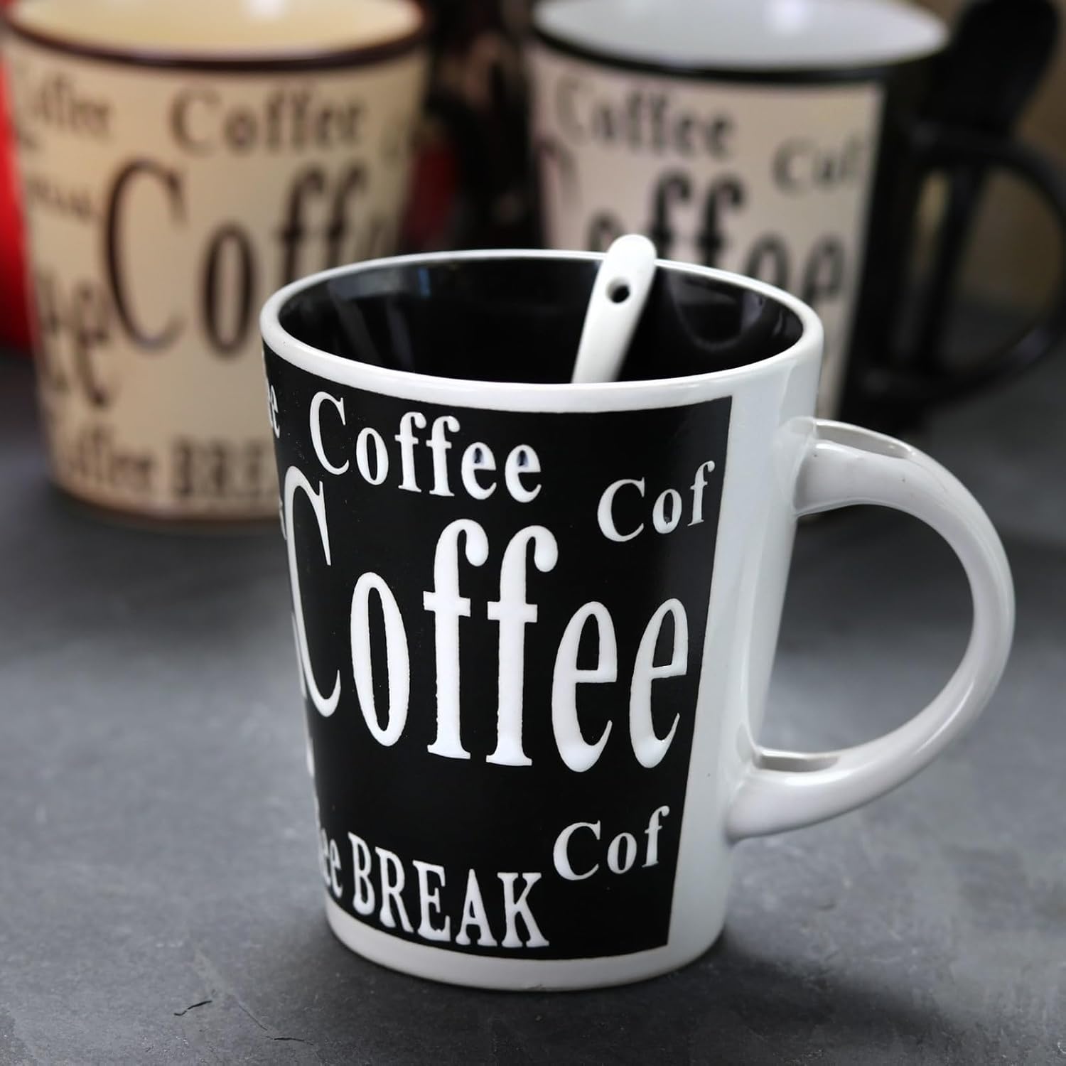 Mr. Coffee Mug And Spoon Set, Bareggio, 12 Oz., Taupe/Black, Set Of 4 Mugs With Matching Spoons